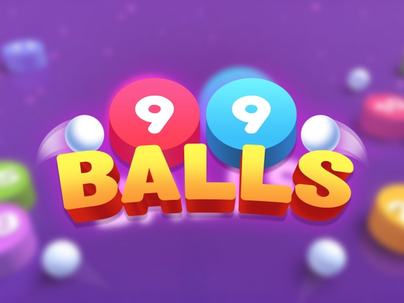 Colorful scene of 99 Balls with bouncing balls and numbered cylinders
