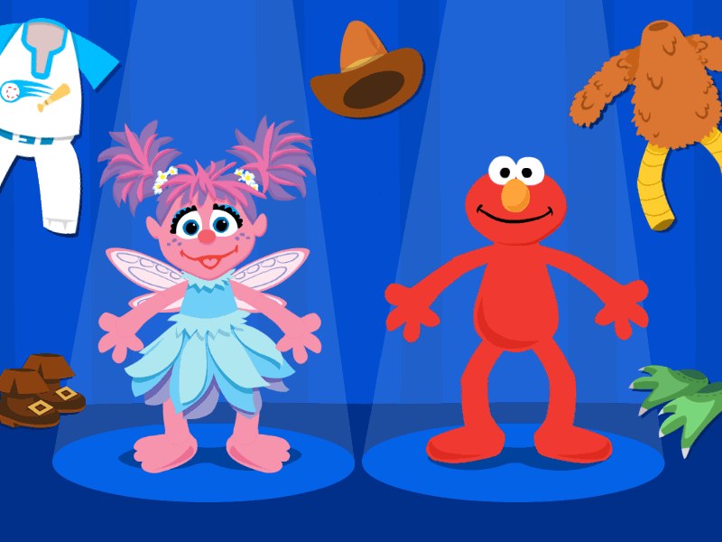 Colorful screenshot of Elmo and Abby in fun outfits