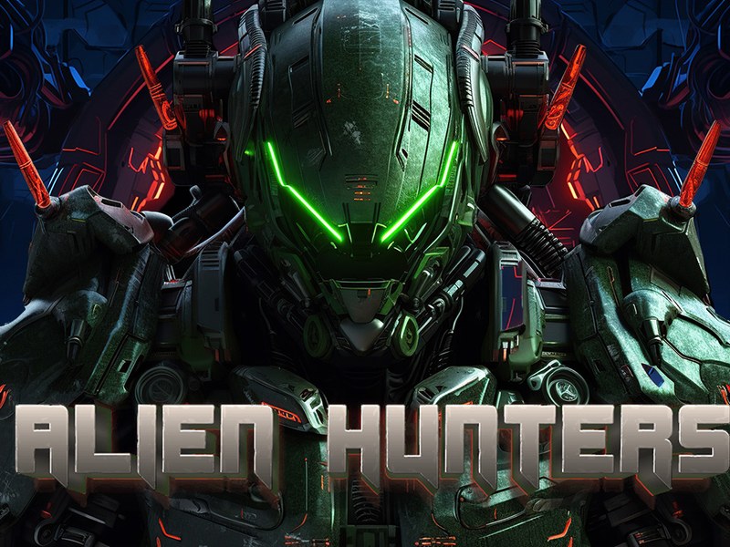 Alien Hunters - action-packed scene with a robot hunter battling aliens