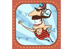 Colorful circus scene with a gymnast soaring through the air