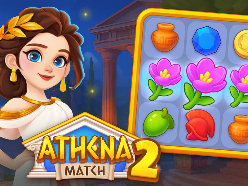 Epic scene of Athena guiding players through a colorful match-3 puzzle