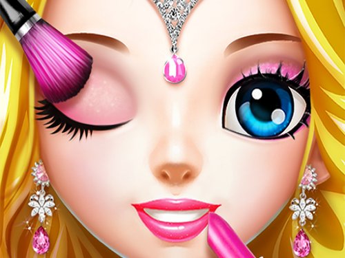 Colorful scene of Barbie being styled with makeup and accessories