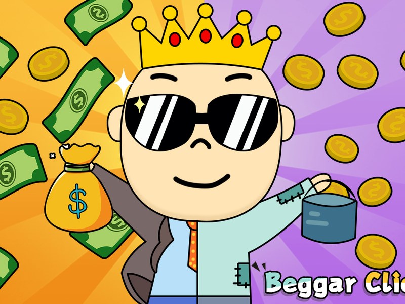 Screenshot of Beggar Clicker showing a quirky beggar collecting coins