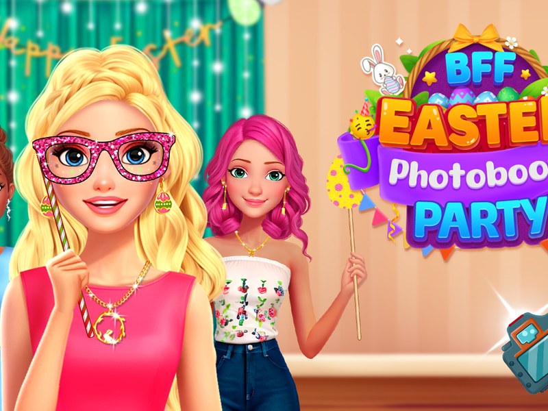Colorful Easter-themed photobooth with kids in fun outfits