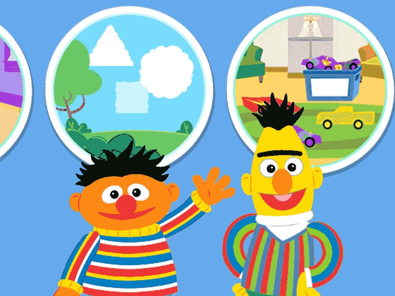 Bert and Ernie exploring inside and outside in a fun game scene