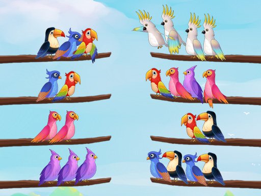 Colorful birds sorting into their boxes in a fun puzzle game