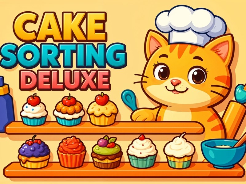 Colorful cakes on shelves waiting to be sorted in Cake Sorting Deluxe