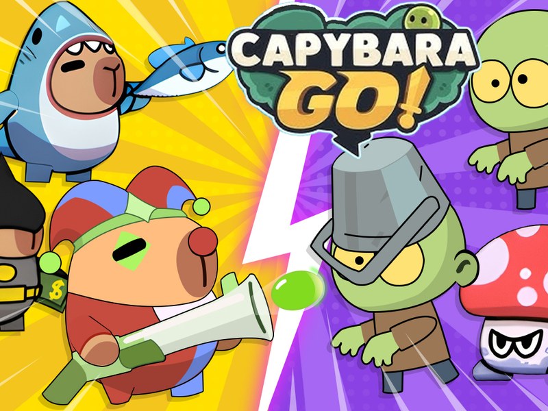 A vibrant scene from Capybara Go! with cute capybaras battling