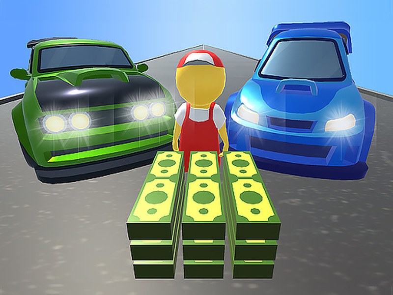 A vibrant scene of a colorful car garage with various vehicles being repaired
