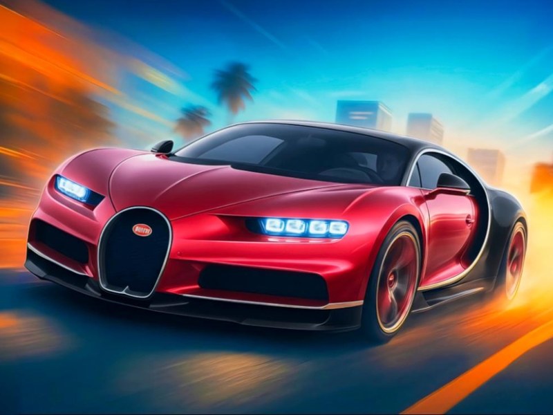 Exciting race scene in Chiron City with sportscars and a dog
