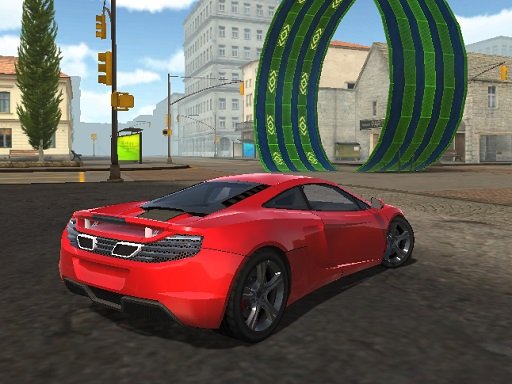 Exciting scene from City Stunts with cars jumping off ramps in a vibrant city