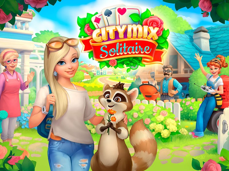 CityMix Solitaire gameplay featuring Vicky and raccoon friends