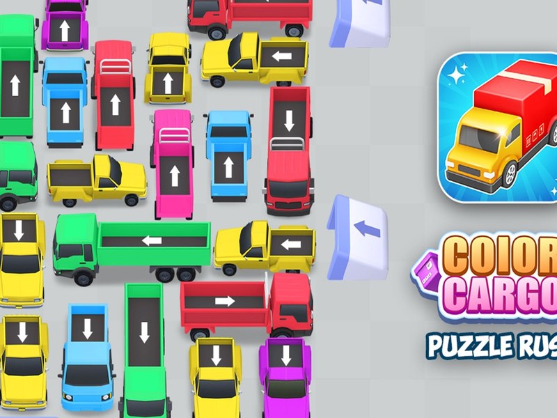 Color Cargo Puzzle Rush — vibrant scene of colorful trucks sorting boxes