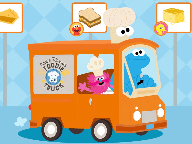 Cookie Monster serving delicious snacks from his food truck