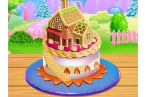 Colorful scene of kids baking and decorating a dollhouse cake