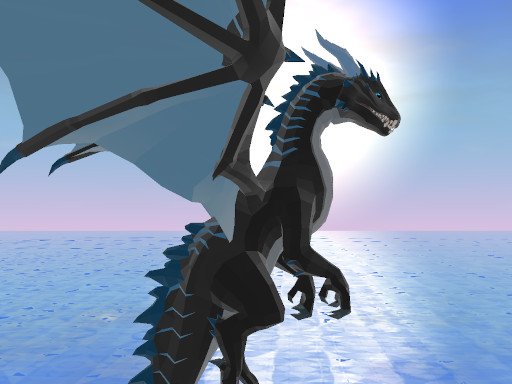 Screenshot of Dragon Simulator 3D featuring a fiery dragon soaring over a village