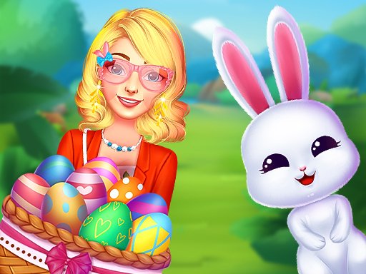 Ellie decorating colorful Easter eggs in a bright scene