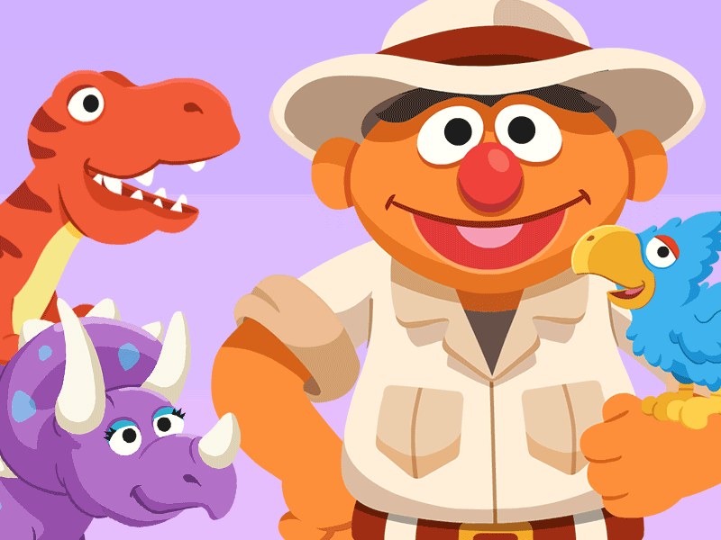 Screenshot of Ernie caring for playful dinosaurs in the daycare