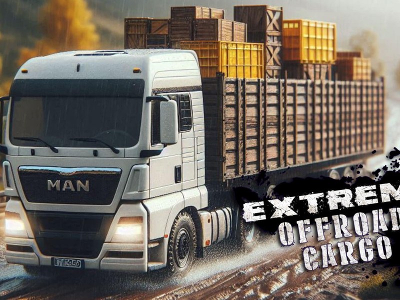 Exciting scene of a truck navigating rough terrain with cargo
