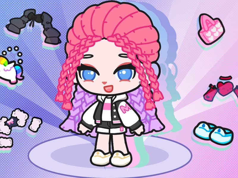 A colorful scene from Fashionista Avatar Studio with stylish outfits and accessories