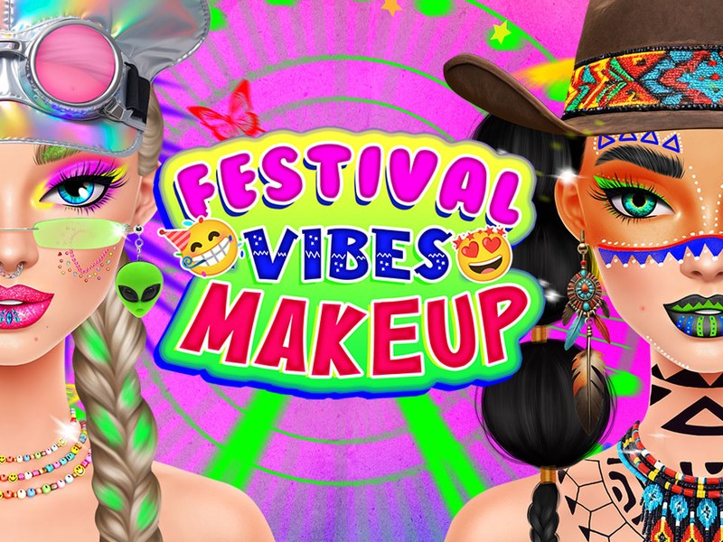 A vibrant scene from Festival Vibes Makeup showing colorful makeup designs