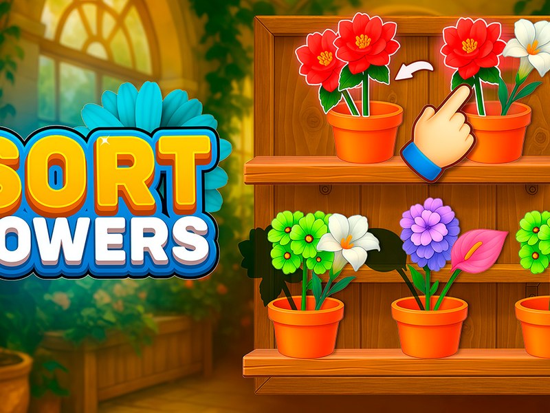 Colorful scene of sorting vibrant flowers in pots