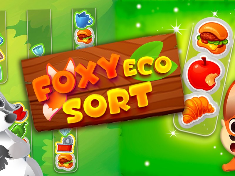 Foxy Eco Sort game scene with Foxy the fox and Raccoon sorting trash