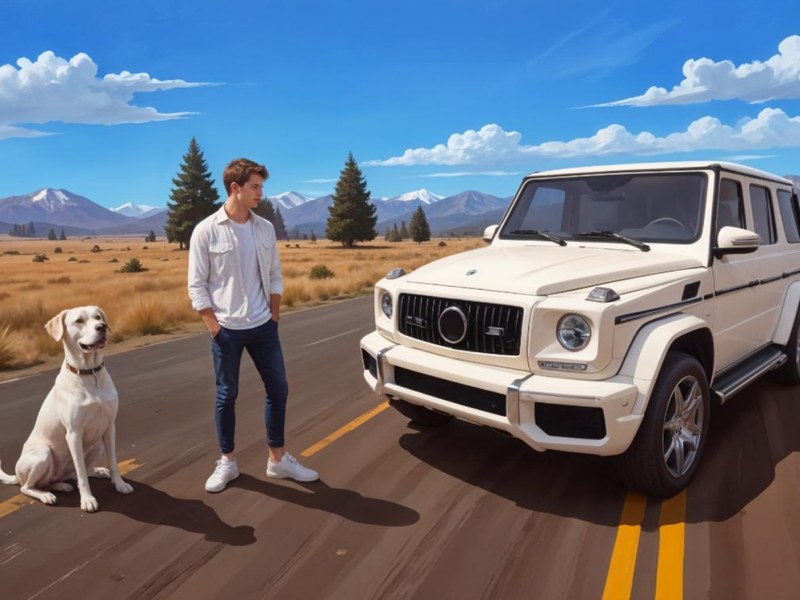 Exciting scene of G Wagon navigating city streets with a dog