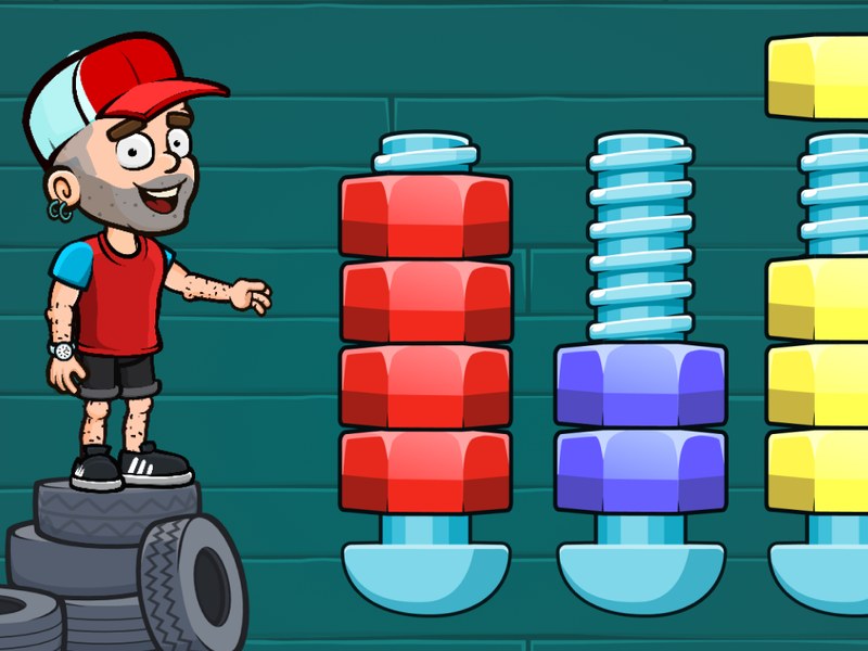 Colorful garage scene with nuts and bolts scattered around