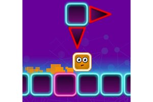 Geo Dash gameplay showing a character dodging colorful geometric obstacles