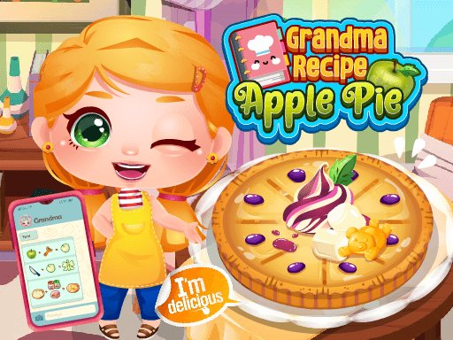 Screenshot of Grandma Recipe Apple Pie, showing a colorful kitchen filled with ingredients and a pie