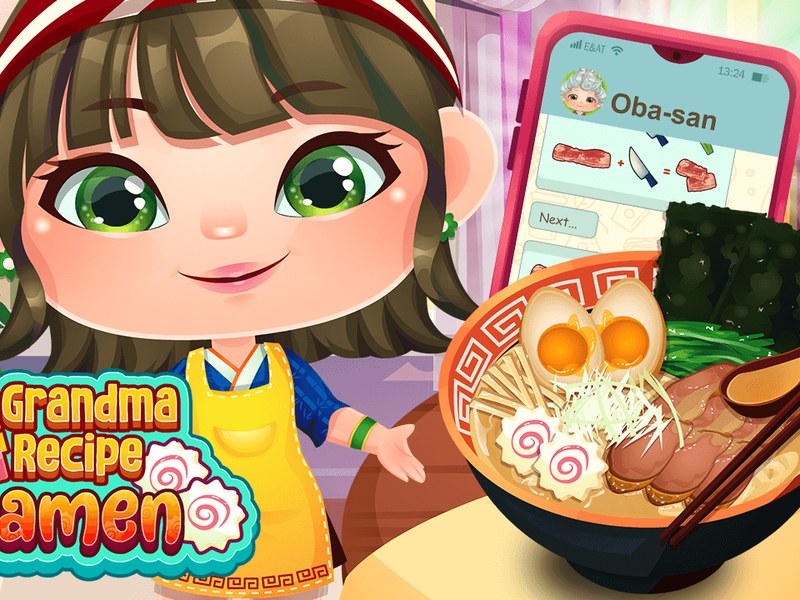 A colorful bowl of ramen with various toppings and a cheerful kitchen scene