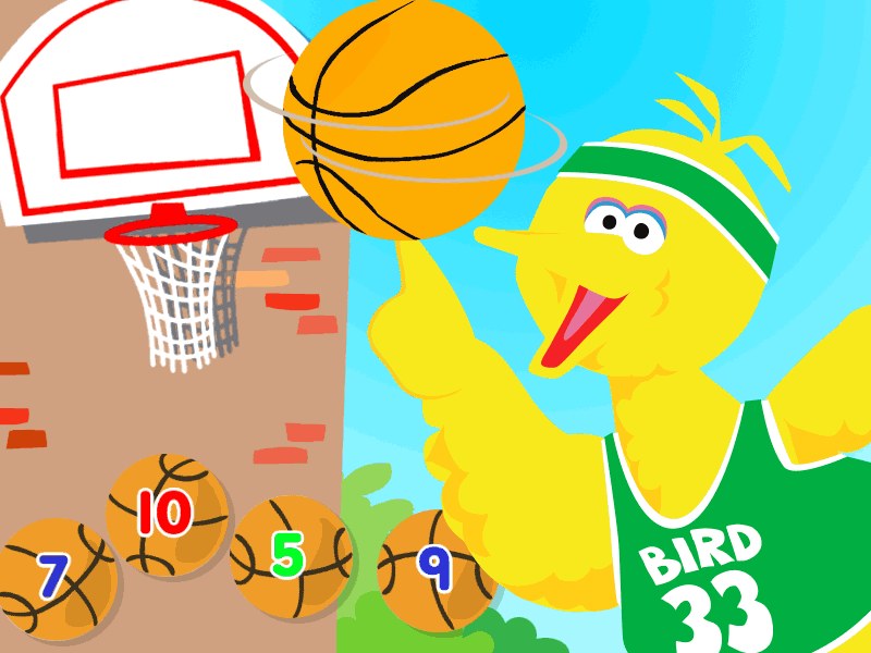 Big Bird shooting a basketball into the hoop with excitement