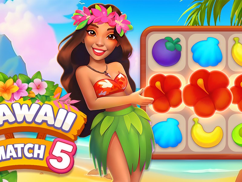 Colorful tropical island scene with vibrant fruits and flowers
