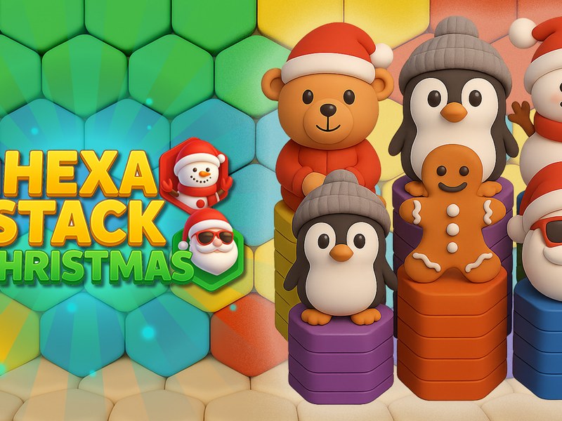 Colorful hexagonal tiles stacked in a festive Christmas setting