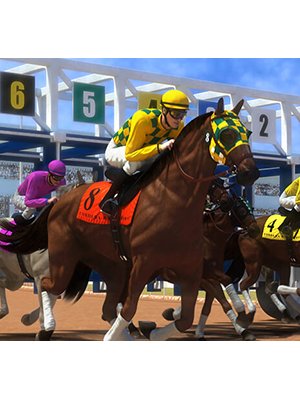 Exciting horse racing scene with galloping horses and cheering crowds