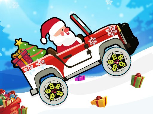 Santa racing up a snowy mountain in his sleigh, festive scenery