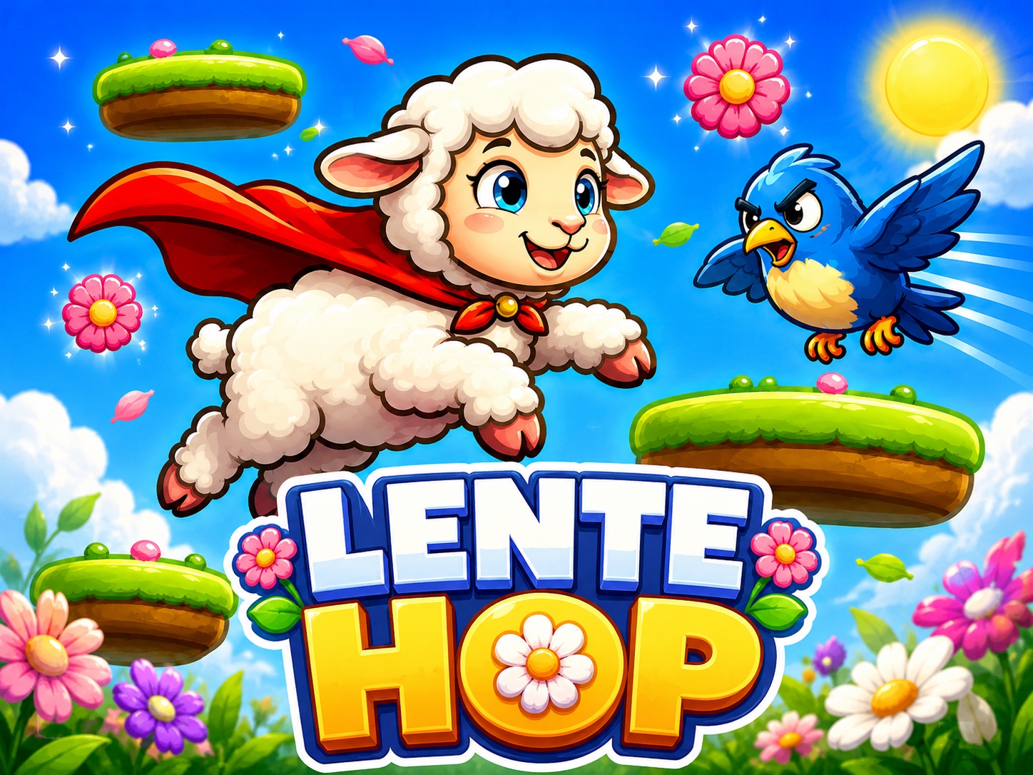 Spring Hop — a cute lamb jumping from flower to flower