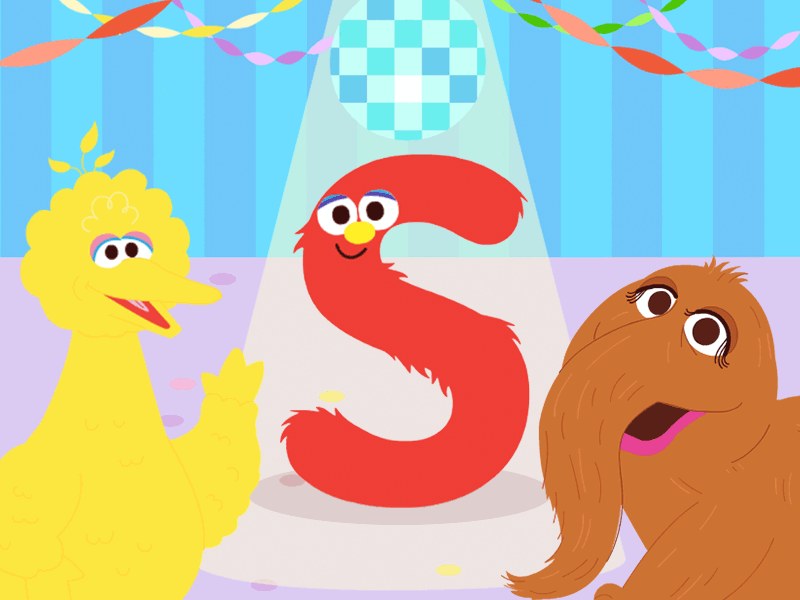 Exciting scene from Letter Dance Party with kids dancing and letters