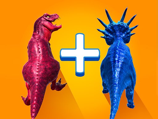 Merge Master game scene with dinosaurs battling in a colorful landscape