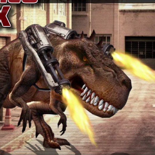 Action-packed scene of Rex the dinosaur causing chaos in Mexico