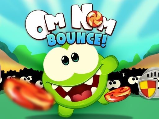 Om Nom bouncing candies to defeat monsters in a colorful garden