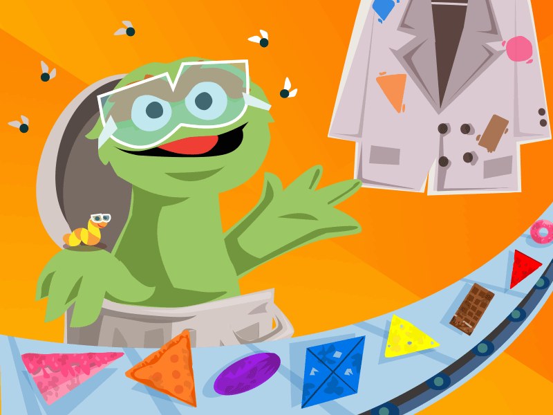 Oscar sorting colorful items from a messy jacket in a fun scene