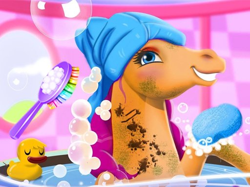 A cheerful scene of a child bathing a cute horse in a colorful setting