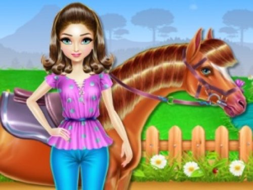 A child happily caring for a horse, brushing its mane and preparing to ride