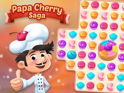 Colorful scene from Papa Cherry Saga with fruits and candies