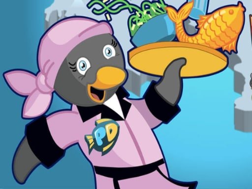 Penny the Penguin serving happy customers in her diner