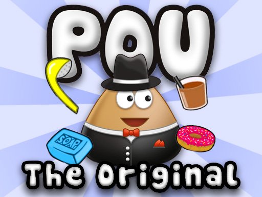 Pou character in a colorful room, playing and having fun
