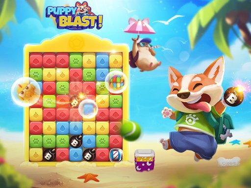 Puppy Blast gameplay featuring a cheerful puppy solving puzzles