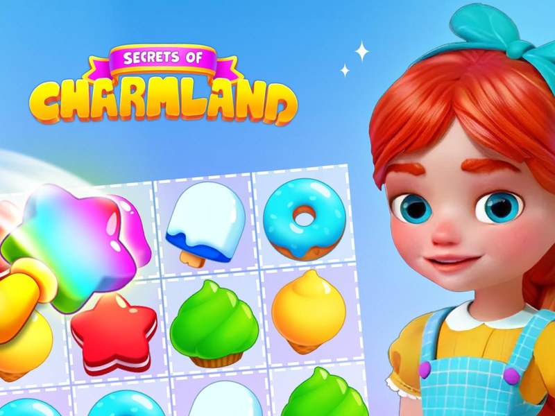Colorful scene from Secrets of Charmland with magical candies and characters